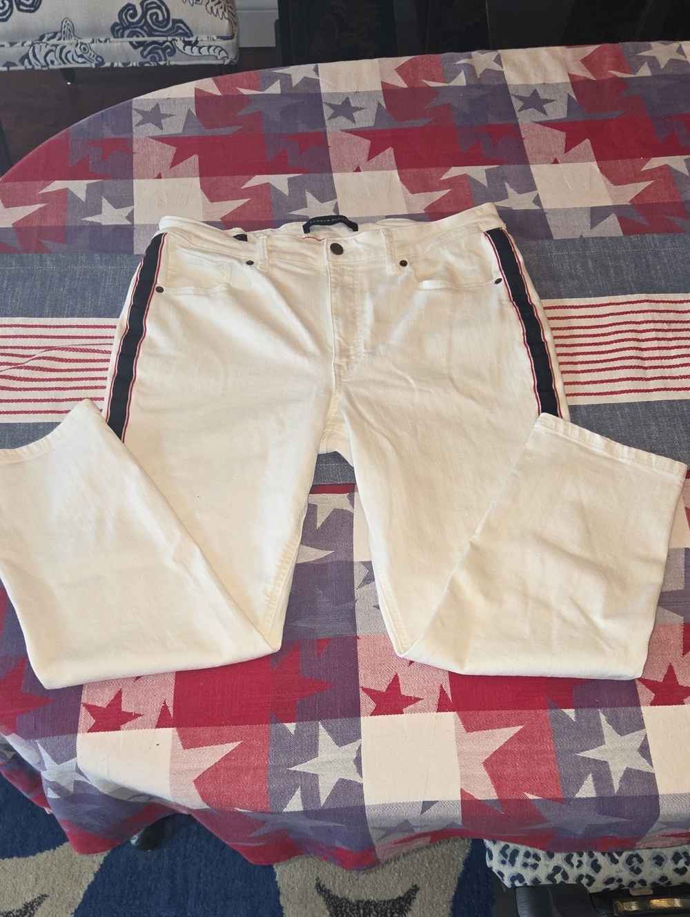 Tommy Hilfiger Tribeca Skinny White Jeans Red Navy Blue Side Stripe Size 14